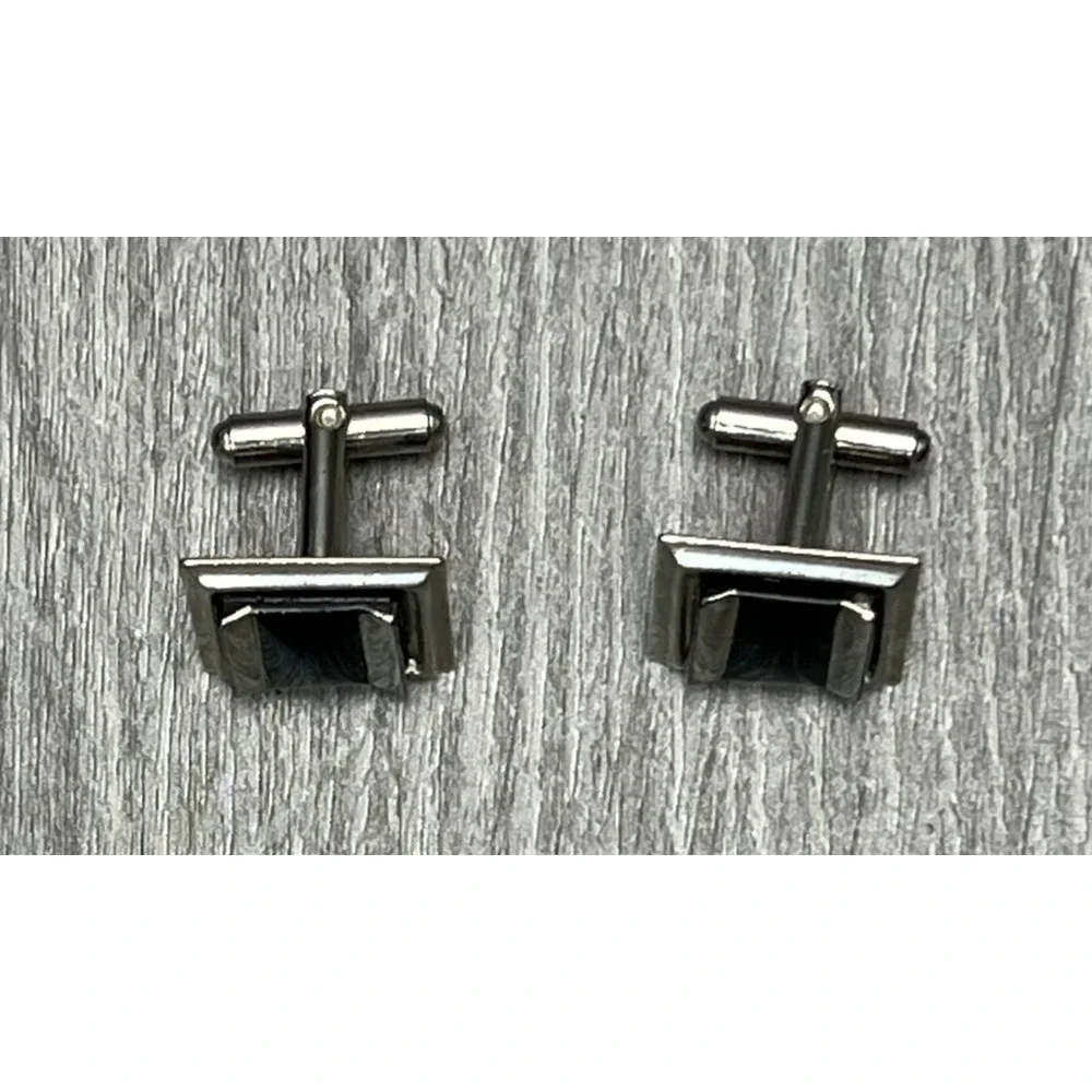 Mens Silver Tone Square Cufflinks Black Onyx Style Cabochon Dress‎ Shirt Pair